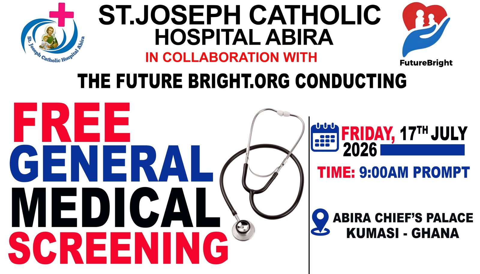 Free General Medical Screening banner — Friday 17 July 2026, Abira Chief's Palace