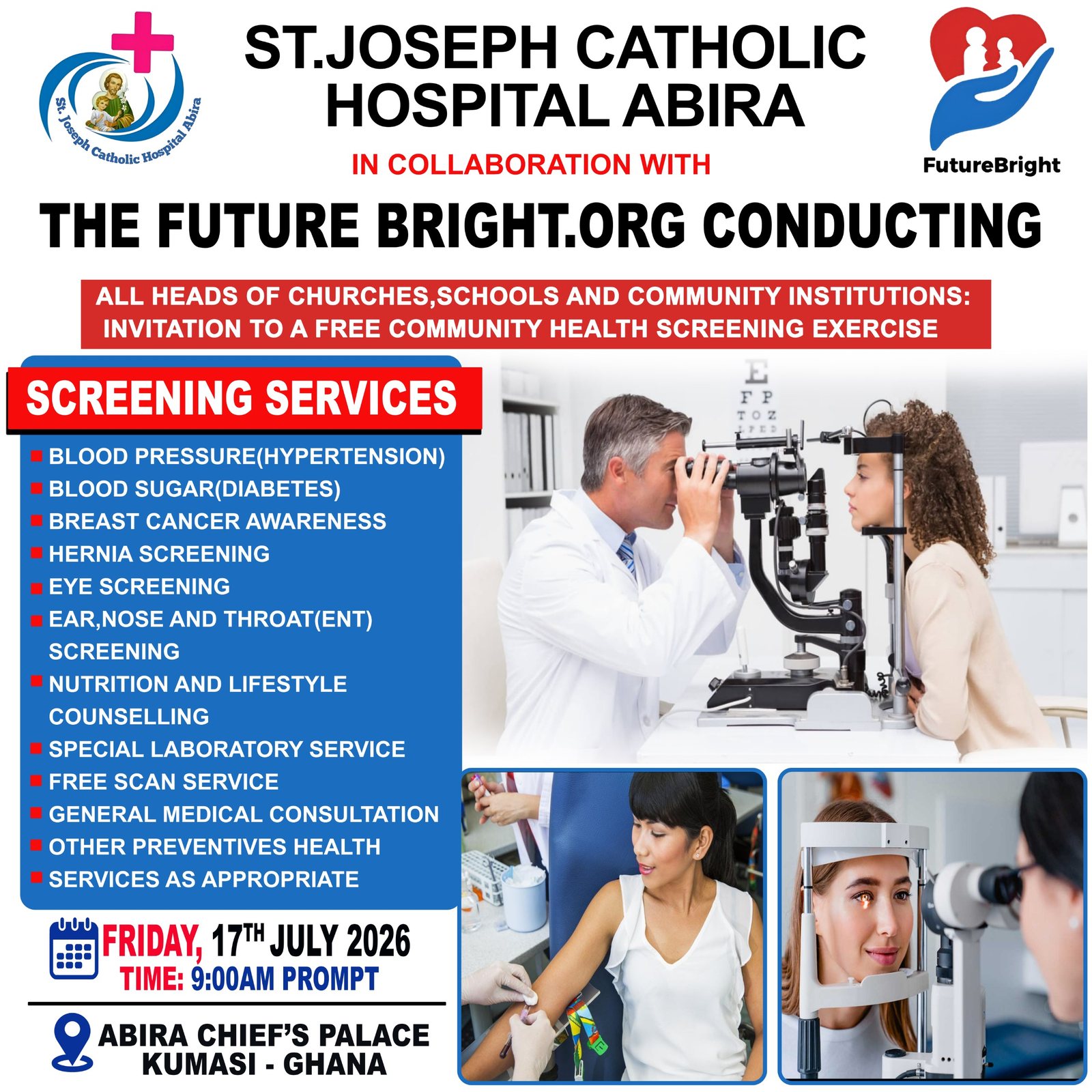 Screening services poster listing blood pressure, diabetes, breast cancer awareness, hernia, eye, ENT, nutrition counselling, laboratory and free scans